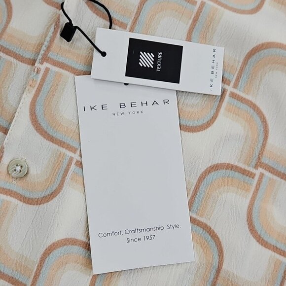 Ike Behar Crepe Shirt Men's XL Ecru and Blue Mod Short Sleeve Button Up NWT - Picture 5 of 15